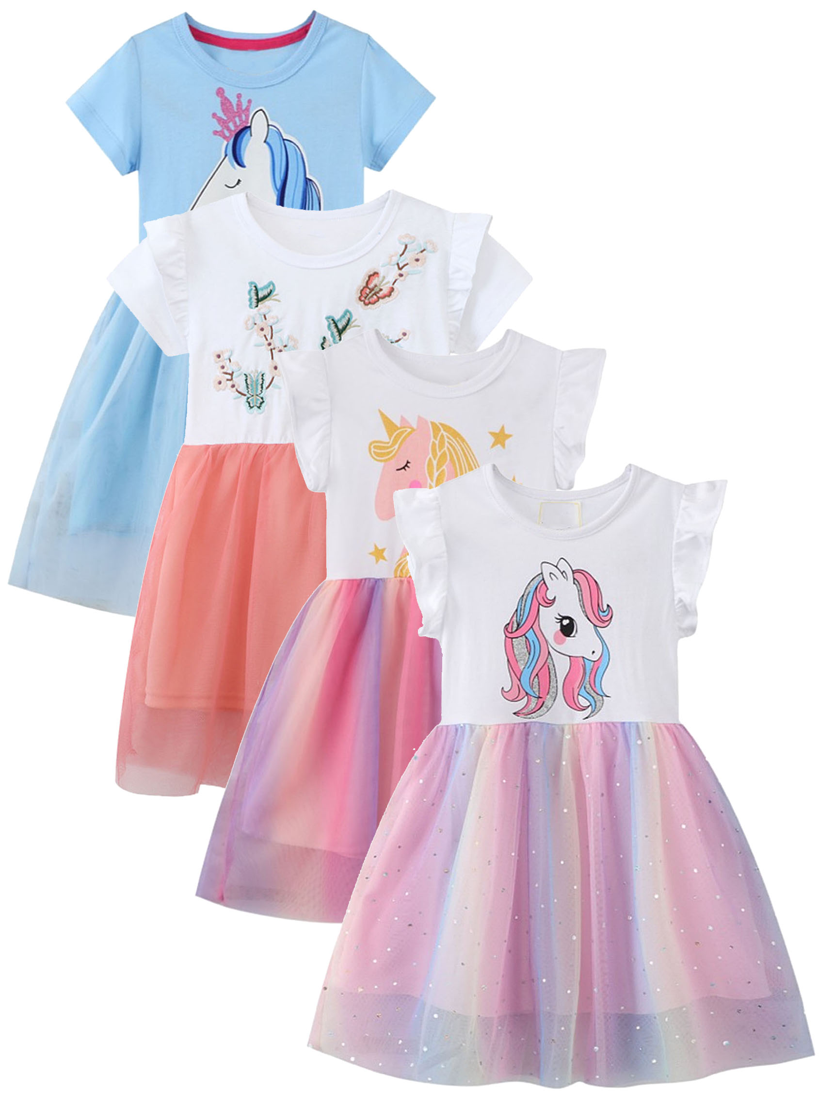 SXIMEE 2-7T Unicorn Birthday Party Princess Girl Dresses Short Sleeve Girls Rainbow Tulle Tutu Dress - 1 Piece
